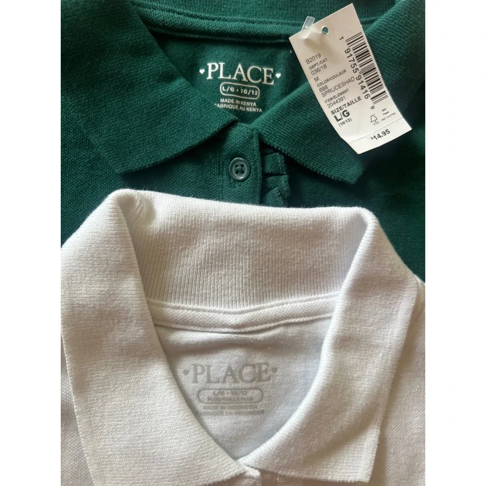 The Childrens Place Girls 2 Pack Ruffle Polo Shirts Wht Grn Size L Uniform NWT